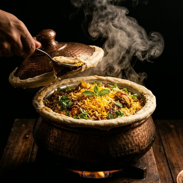 Traditional Hyderabad Dum Biryani cooking